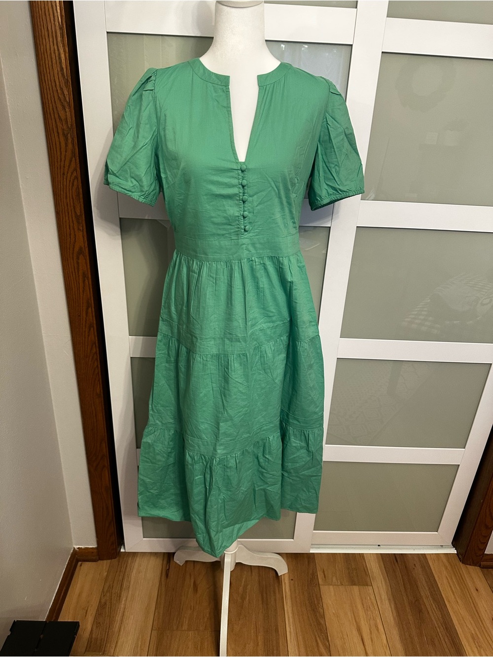 LOFT Emerald Green Tiered Midi Dress with Front Button Placket NWT
